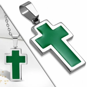 Pendentif croix latine en acier inoxydable argenté et émaillé vert - Imagen 1 de 1