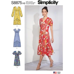 SIMPLICITY SEWING PATTERN 8875 MISSES 6-14 V-NECK EMPIRE WAIST DRESS IN 4 STYLES - Picture 1 of 5