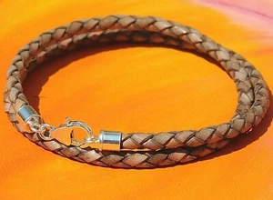 Herren / Damen 4mm Beige Leder & Sterling Silber Armband Von Lyme Bay Art - Picture 1 of 3