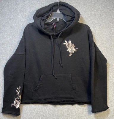 Betsy Johnson Womans Black Performance Embroidered Hooded Sweatshirt Boho Grunge - Image 1 of 4