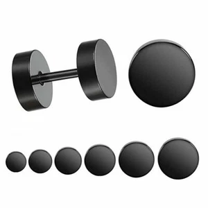 Black Stud Earrings Mens Womens Faux Gauges Ear Tunnel Stainless Steel Earrings - Picture 1 of 6