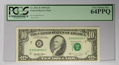Número de serie alto 1995 $10 PCGS moneda 64 PPQ Fr. 2031-B 99998063 Foto 1 de 2