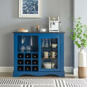 Blue Wood Buffet Bar Cabinet w/ Glass Door Wine Rack