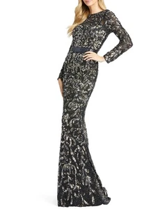 Mac Duggal 4316D Sequin High-Neck Sleeve OpenBack Illusion Gown SZ 10 Black Gold - Picture 1 of 2