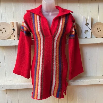 Vintage CLAUDIO Red Hippy Top Jumper Tunic 1970s Rainbow Festival Boho Folk  - Image 1 of 4