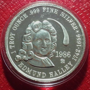 Cometa Edmund Halley-Halley otoño de 1985 Round-Burton Mint 1 Troy oz.999 plata - Imagen 1 de 4