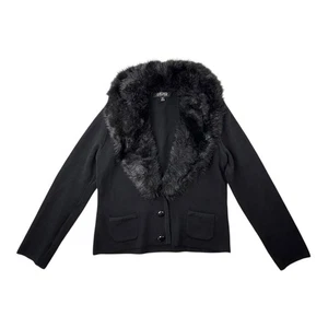Vintage 90s Y2K Black Sweater w Removable Furry Fuzzy Collar Cardigan Sz M EUC - Picture 1 of 11