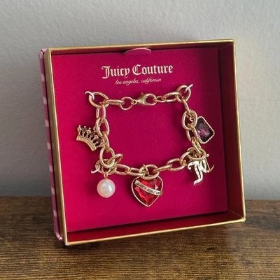 New Juicy Couture Gold Color Charm Bracelet Heart Purple Red Crown JC Jewelry - Image 1 of 3