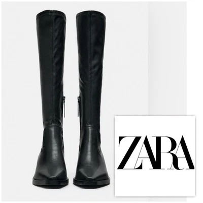 NWT Zara Black Heeled Flat Stretch Square Toe Boots Timeless Style size 9 - Image 1 of 4