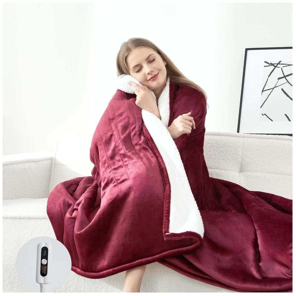 Manta térmica eléctrica tamaño doble Sherpa franela tiro 6 calor apagado automático granate Foto 1 de 1