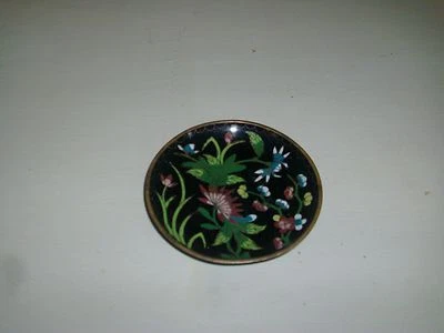 Antiguo Plato Esmalte Cloisonne Chino Famille Noir Turquesa Cobre Foto 1 de 4