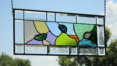 Colorful Stained Glass Panel, Window Hanging ,Bevels,Agate Geode Slice Cover