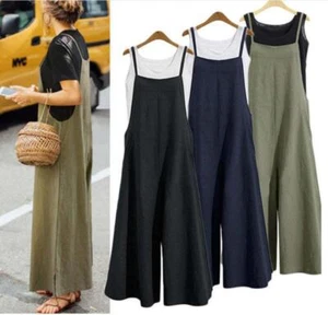 Women Casual Loose Long Bib Pants Wide Leg Jumpsuits Baggy Cotton Rompers Overal - Picture 1 of 18