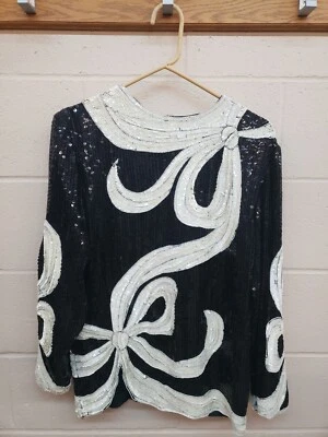 Fabuloso top con lazo vintage de seda con lentejuelas blanco y negro talla mediana Foto 1 de 4