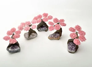 5 PIECE Set of ROSE QUARTZ Gemstone Bonsai Tree On AMETHYST 6 Petals Brazil T42 - Picture 1 of 4