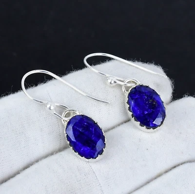 Zaffiro Blu Gemma Creato IN Laboratorio 925 Orecchini Argento Sterling Per Amore - Immagine 1 di 4