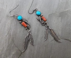 Sterling Silver Native American Turquoise Earrings RR Zuni Feather 925 8 grams - Picture 1 of 10