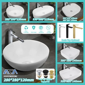 Bathroom Ceramic Basin Vanity Bowl Sink Counter Top High Gloss White Round Oval - Picture 1 of 77
