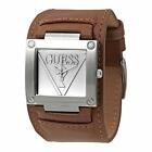 NEW GUESS BRUSHED SILVER TONE,SADDLE BROWN LEATHER CUFF BAND WATCH-W1166G1