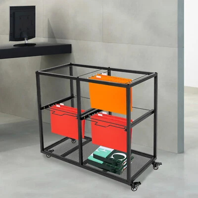 2 Tiers 4 Drawers Rolling Metal Hanging File Cart Mobile Storage Organizer Black - Image 1 of 4