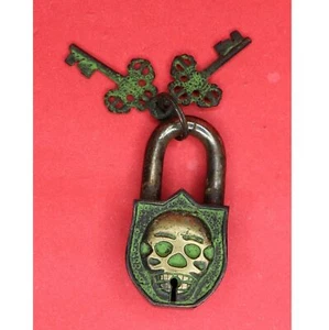 Devil Face Engraved Lock Antique Style Brass Handcrafted Padlock & Working Keys - Picture 1 of 7