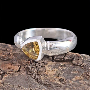 Trillion Citrine Gemstone Ring 925 Sterling Silver Handmade Vintage Look Jewelry - Picture 1 of 7