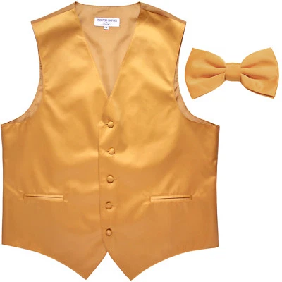 New Men's Formal Vest Tuxedo Waistcoat_pre tie bow tie solid slim fit Gold prom - Image 1 of 4