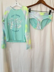 NWT Justice Girl Rash Guard SET 2 pc Tie Dye Mint Neon Swimsuit UPF 50+ many sz - Picture 1 of 4