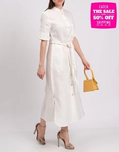 RRP€447 BELIZE Linen Shirt Dress Size S Ivory Split Sides Braided Belt - Picture 1 of 10