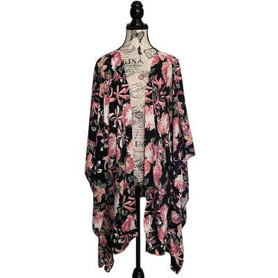 Lane Bryant Floral Kimono Black Pink Open Front OS Womens Forest Fairy Boho - Image 1 of 4
