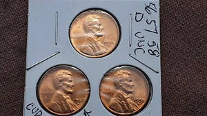 Lot 3 UNC LINCOLN WHEAT PENNIES - BU - MIRRORS - 1956 D, 57 D, 58 D - CUD ERROR - Picture 1 of 4