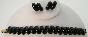 Vintage 1980's Black Enamel Angled Oval dome Capsule Link Bracelet Earrings Set - Picture 1 of 13