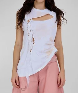 Collina Strada Women's White Tea Stain Cutout Ruched Nash Tank Top Size M - Picture 1 of 5