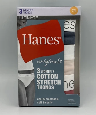 HANES Originals Women's Cotton Stretch Thongs Underwear Sz 7/L Blue/Pink 3 Pack - Image 1 of 3