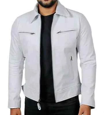 New Men's White Leather Jacket Biker Motorcycle Genuine Lambskin Coat Jacket - Image 1 of 3
