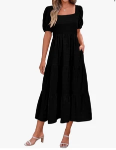 NEW Puff Sleeve Square Neck High Waist Smocked Flowy Midi Dress M - Picture 1 of 7