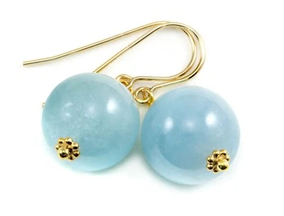 Aquamarine Earrings Natural Smooth Round Drop 12mm Aqua 14k Solid Gold Sterling - Image 1 of 4