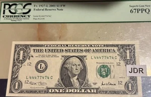 2001 $1 PCGS 67 PPQ Serial #L44477474C Federal Reserve Note - Picture 1 of 4