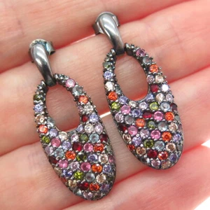 925 Sterling Silver Black Rhodium Real Round-Cut Multi-Color Gem Dangle Earrings - Picture 1 of 7