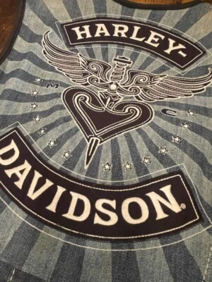 Harley Davidson Womens Denim/Black full front zip Vest, back laced up, patches M - Image 1 of 4