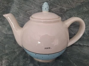 Rae Dunn Artisan Collection Tea Pot Pour Polka Dots Blue & Ivory 7'' with Lid - Picture 1 of 9