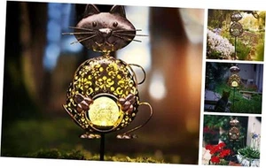 Garden Solar Lights Metal Cat Crackle Glass Globe Stake Light Waterproof Warm - Picture 1 of 7