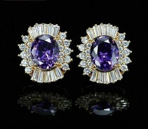 Aretes con halo de amatista de corte ovalado de 2,00 quilates enchapados en oro amarillo de 14 quilates - Imagen 1 de 4