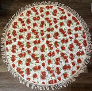 Vintage Christmas Poinsettia Holly Tablecloth 1960s Round Vinyl with Fringe 52” - Picture 1 of 7