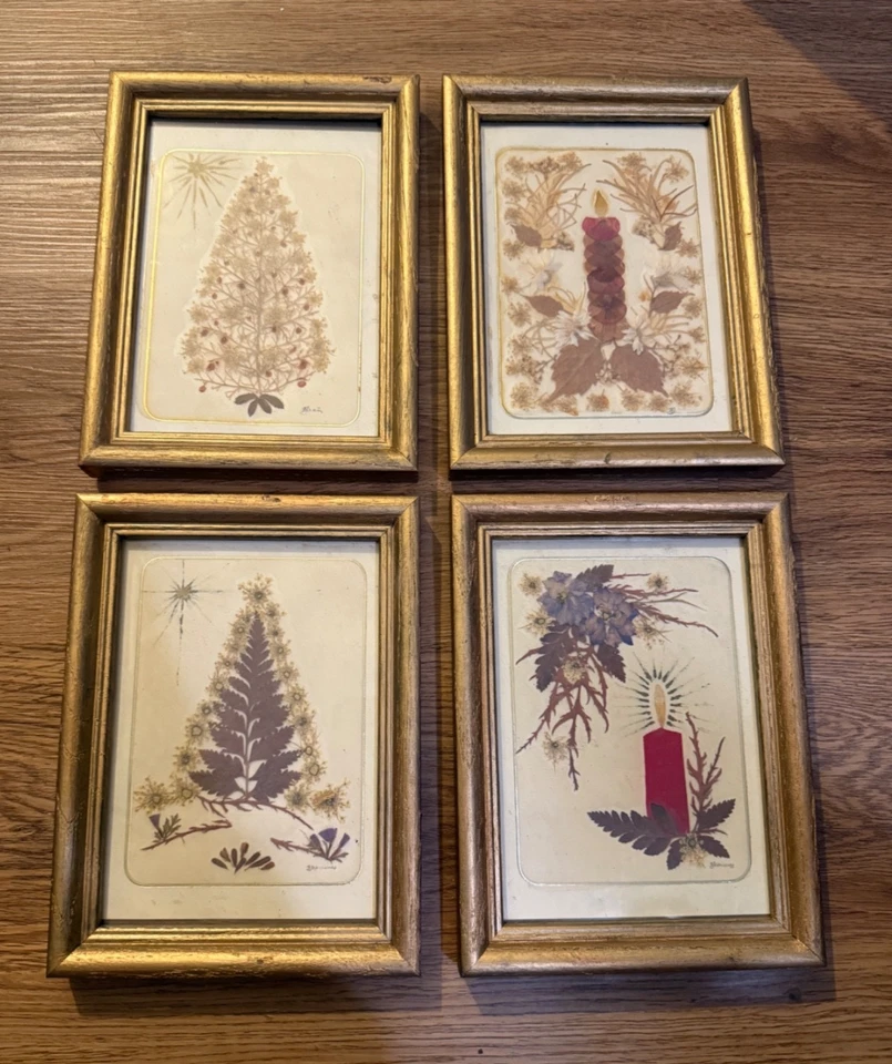 🎄Juego de 4 arte botánico enmarcado vintage de Navidad firmado 5x7 Foto 1 de 4