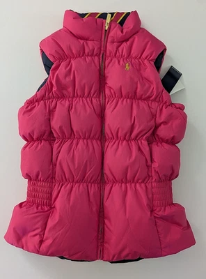 全新 Ralph Lauren 女孩 尺寸 M 7-8 Down Puffer 背心 双面 粉色 蓝色 — 第 1/4 张图片