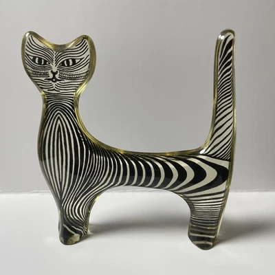 Vintage MCM Abraham Palatnik Lucite Standing Black Stripped Cat 3.5” Brazil - Image 1 of 4