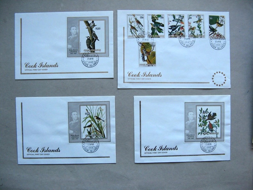 COOK ISLANDS, 4x cover FDC 1985, set + 3x S/S James audubon, birds - Image 1 of 1