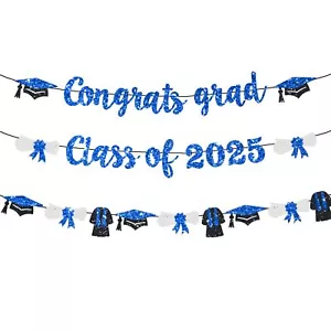 Class of 2025 Blue Glitter Congrats Grad Banner - 2025 Graduation Party Decor - Picture 1 of 6