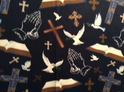 Christian Catholic prayer hand cross Bible fleece fabric on blue, 60" by 29" - Image 1 of 4